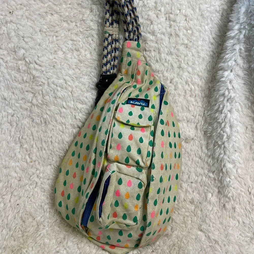 KAVU Rope Sling Backpack Canvas Beige Retro Muted Rainbow Raindrops